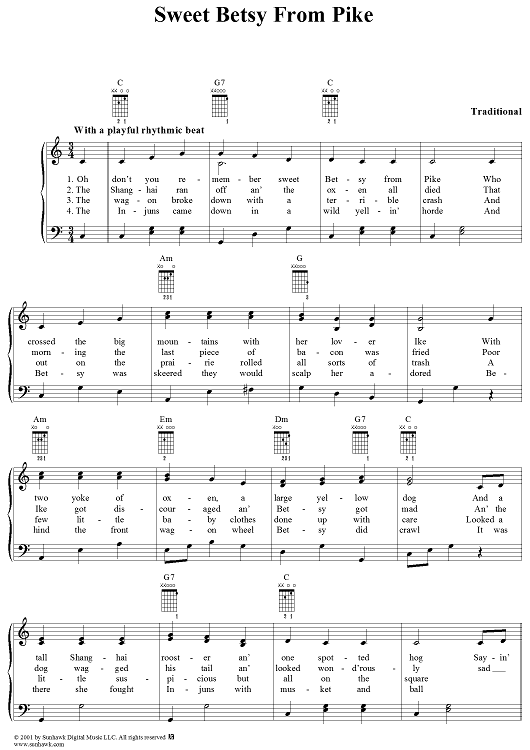 Sheet music of Sweet Betsy from Pike with guitar chords